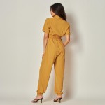 Wholesale front Zip Collared Jumpsuit Chest Flap Pocket Accents Smocked Waist Tw