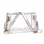 Clear Crossbody Bag With Vegan Leather Trim and Two Removable Straps

- Zip Closure
- Two Removable Straps: One Chain / One Vegan Leather
- Approximately 9" W x 6" T x 3" W
- Strap Drops: Vegan Leather 12" L / Chain Strap 21" L