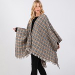 Wholesale plaid Ruana Wrap Fringe One Fits Most Polyester