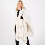 Wholesale cable Knit Ruana Wrap Faux Fur Edges One Fits Most Acrylic Polyester