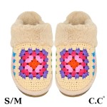 C.C SPE7393
Multi Color Crochet Granny Square Slippers With Faux Fur Cuff

- US Women's Size: S/M (6-8) M/L (8-10)
- Shell: 100% Acrylic 
- Faux Fur: 100% Polyester