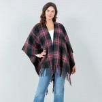 Wholesale soft Knit Plaid Ruana Fringe Details One Fits Most Polyester