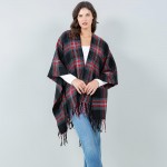 Wholesale soft Knit Plaid Ruana Fringe Details One Fits Most Polyester