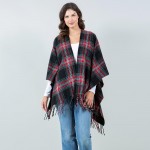 Wholesale soft Knit Plaid Ruana Fringe Details One Fits Most Polyester