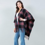 Wholesale soft Knit Plaid Ruana Fringe Details One Fits Most Polyester