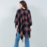 Wholesale soft Knit Plaid Ruana Fringe Details One Fits Most Polyester