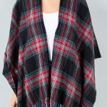 Wholesale soft Knit Plaid Ruana Fringe Details One Fits Most Polyester