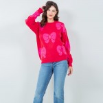 Wholesale soft Knit All Bow Print Sweater Pack Crew Neckline Cuffed Sleeve Long
