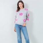 Wholesale soft Knit Retro Flower Sweater Pack Crew Neckline Cuffed Sleeve Long S