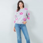 Wholesale soft Knit Retro Flower Sweater Pack Crew Neckline Cuffed Sleeve Long S