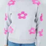 Wholesale soft Knit Retro Flower Sweater Pack Crew Neckline Cuffed Sleeve Long S