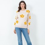 Wholesale soft Knit Retro Flower Sweater Pack Crew Neckline Cuffed Sleeve Long S