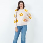 Wholesale soft Knit Retro Flower Sweater Pack Crew Neckline Cuffed Sleeve Long S