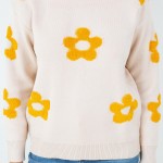 Wholesale soft Knit Retro Flower Sweater Pack Crew Neckline Cuffed Sleeve Long S