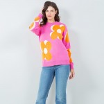 Wholesale soft Knit Large Outlined Retro Flower Sweater Pack Crew Neckline Cuffe