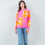 Wholesale soft Knit Large Outlined Retro Flower Sweater Pack Crew Neckline Cuffe