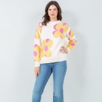 Wholesale soft Knit Large Outlined Retro Flower Sweater Pack Crew Neckline Cuffe