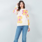 Wholesale soft Knit Large Outlined Retro Flower Sweater Pack Crew Neckline Cuffe