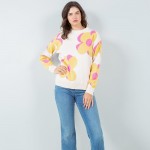 Wholesale soft Knit Large Outlined Retro Flower Sweater Pack Crew Neckline Cuffe