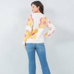 Wholesale soft Knit Large Outlined Retro Flower Sweater Pack Crew Neckline Cuffe