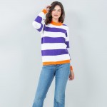 Wholesale oversized Knitted Stripe Sweater Pack Crew Neckline Cuffed Sleeve Long