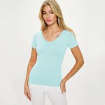 Wholesale women s Seamless Reversible V Neck Short Sleeve Top Fitted Silhouette
