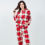 Wholesale super Soft Fleece Plaid Moose Hooded Pajama Set Front Pouch Pocket Ins