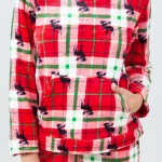 Wholesale super Soft Fleece Plaid Moose Hooded Pajama Set Front Pouch Pocket Ins