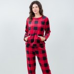 Wholesale super Soft Fleece Plaid Pajama Set Front Pouch Pocket Inseam S M Fits