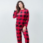 Wholesale super Soft Fleece Plaid Pajama Set Front Pouch Pocket Inseam S M Fits