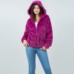 Wholesale tiered Faux Fur Jacket Hood Full Zipper Closure Front Pockets Elastic