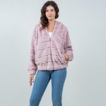 Wholesale tiered Faux Fur Jacket Hood Full Zipper Closure Front Pockets Elastic
