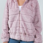 Wholesale tiered Faux Fur Jacket Hood Full Zipper Closure Front Pockets Elastic