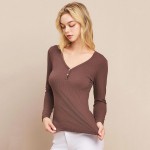 Wholesale long Sleeve Ribbed V Neck Top Buttons Pack Two Buttons Relaxed Fitted