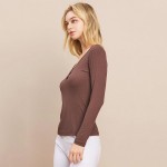 Wholesale long Sleeve Ribbed V Neck Top Buttons Pack Two Buttons Relaxed Fitted