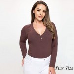Wholesale plus Long Sleeve Ribbed V Neck Top Pack Ribbed Two Buttons Relaxed Fit