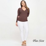 Wholesale plus Long Sleeve Ribbed V Neck Top Pack Ribbed Two Buttons Relaxed Fit