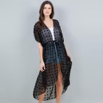 Wholesale long Sheer Swim Suit Cover Up Fuzzy Polka Dot Details Drawstring Closu