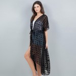Wholesale long Sheer Swim Suit Cover Up Fuzzy Polka Dot Details Drawstring Closu