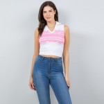 Wholesale collared Striped Crop Tank Top Ribbed Stretchy Slimming Fit Nylon Poly