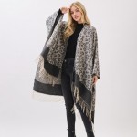Wholesale leopard Print Ruana Fringe Detail One Fits Most Polyester