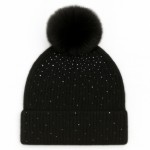 Wholesale fuzzy Knit Cuff Beanie Faux Fur Pom Rhinestone Details One Fits Most P