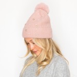 Wholesale fuzzy Knit Beanie Faux Fur Pom Pearls Rhinestone Flower Details One Fi