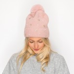Wholesale fuzzy Knit Beanie Faux Fur Pom Pearls Rhinestone Flower Details One Fi