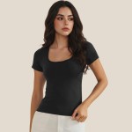 Wholesale scoop Neck Short Sleeve Top Fitted Silhouette Seamless Soft Stretchy N