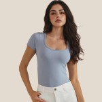 Wholesale scoop Neck Short Sleeve Top Fitted Silhouette Seamless Soft Stretchy N