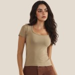 Wholesale scoop Neck Short Sleeve Top Fitted Silhouette Seamless Soft Stretchy N