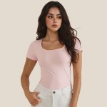 Wholesale scoop Neck Short Sleeve Top Fitted Silhouette Seamless Soft Stretchy N