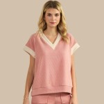 Wholesale two Corduroy Short Sleeve Top Pack Relaxed Fit V Neck Polyester Spande