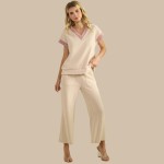 Wholesale two Corduroy Short Sleeve Top Pack Relaxed Fit V Neck Polyester Spande